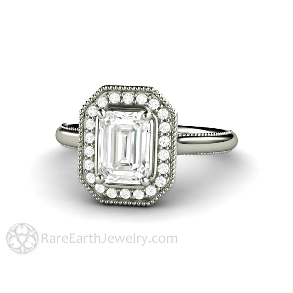 Vintage Emerald Cut Moissanite Engagement Ring with Diamond Halo and Filigree, Rare Earth Jewelry