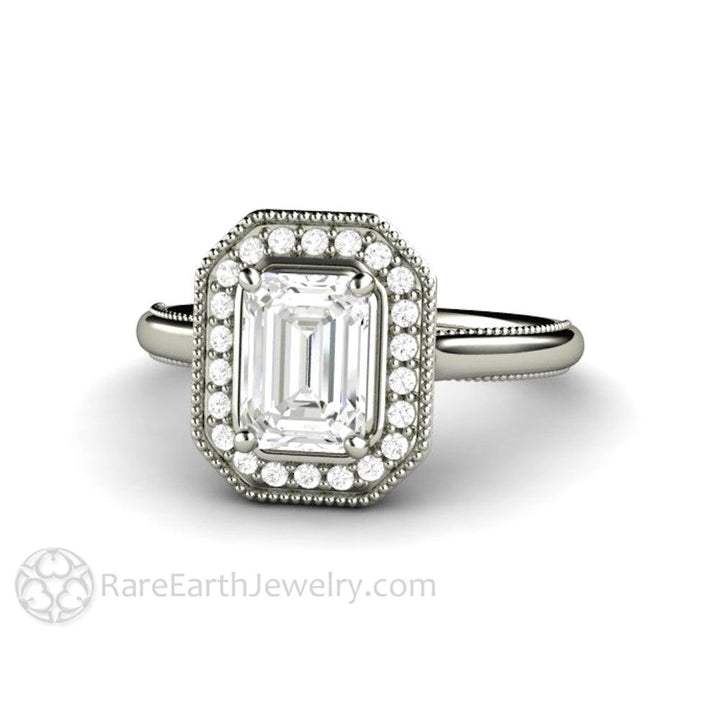 Vintage Emerald Cut Moissanite Engagement Ring with Diamond Halo and Filigree, Rare Earth Jewelry