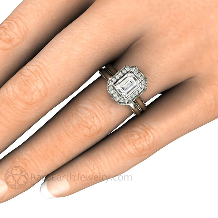 Vintage Emerald Cut Moissanite Engagement Ring with Diamond Halo and Filigree, Rare Earth Jewelry