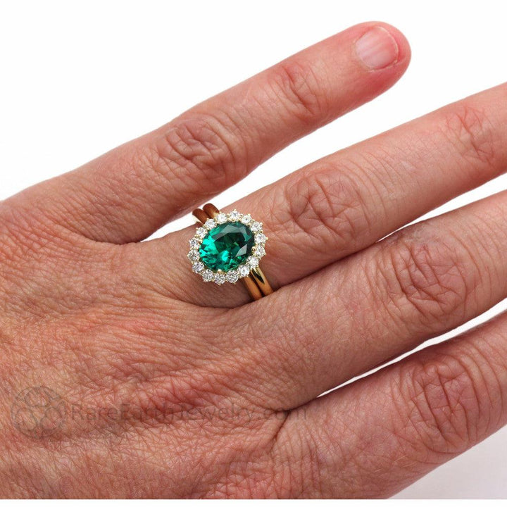 Vintage Emerald Engagement Ring Oval Cluster with Diamonds, Rare Earth Jewelry