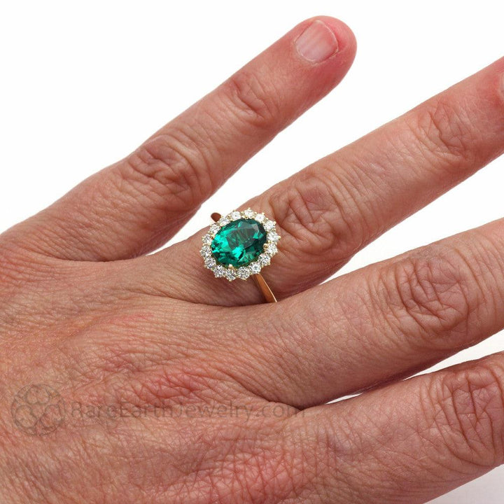Vintage Emerald Engagement Ring Oval Cluster with Diamonds, Rare Earth Jewelry