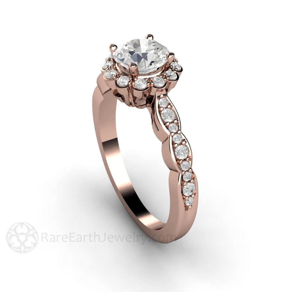 Vintage Halo Moissanite Engagement Ring with Diamonds, Rare Earth Jewelry