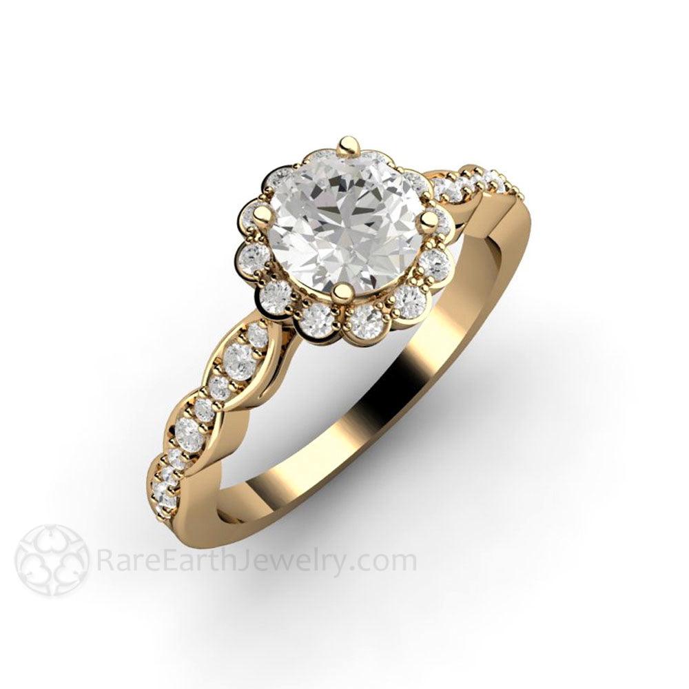 Vintage Halo Moissanite Engagement Ring with Diamonds, Rare Earth Jewelry