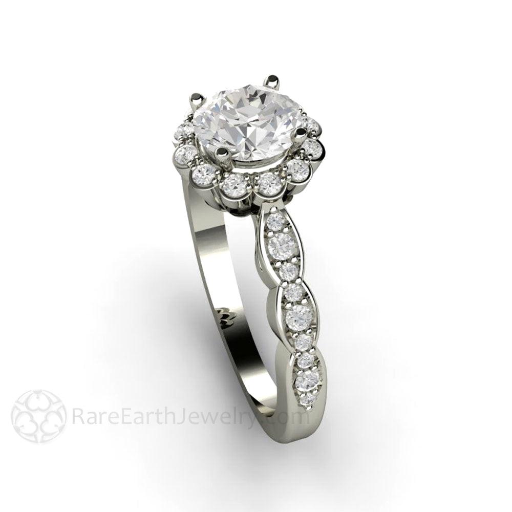 Vintage Halo Moissanite Engagement Ring with Diamonds, Rare Earth Jewelry