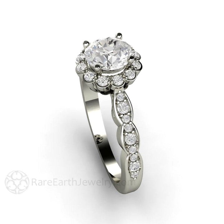 Vintage Halo Moissanite Engagement Ring with Diamonds, Rare Earth Jewelry
