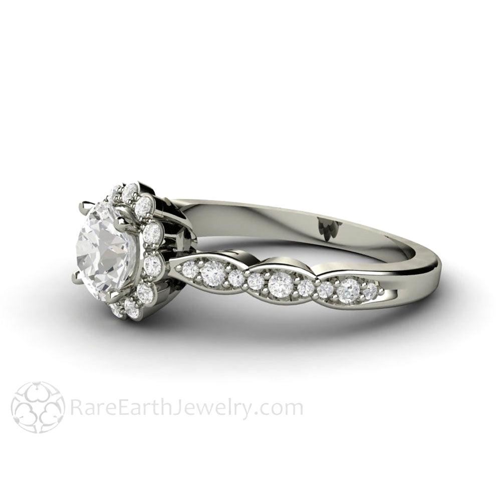 Vintage Halo Moissanite Engagement Ring with Diamonds, Rare Earth Jewelry