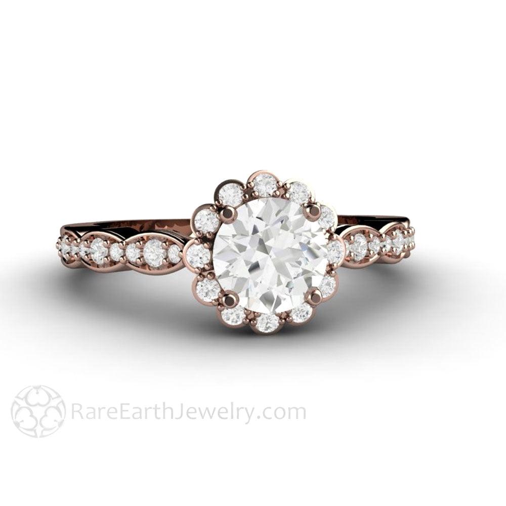 Vintage Halo Moissanite Engagement Ring with Diamonds, Rare Earth Jewelry