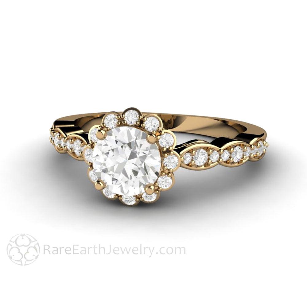 Vintage Halo Moissanite Engagement Ring with Diamonds, Rare Earth Jewelry