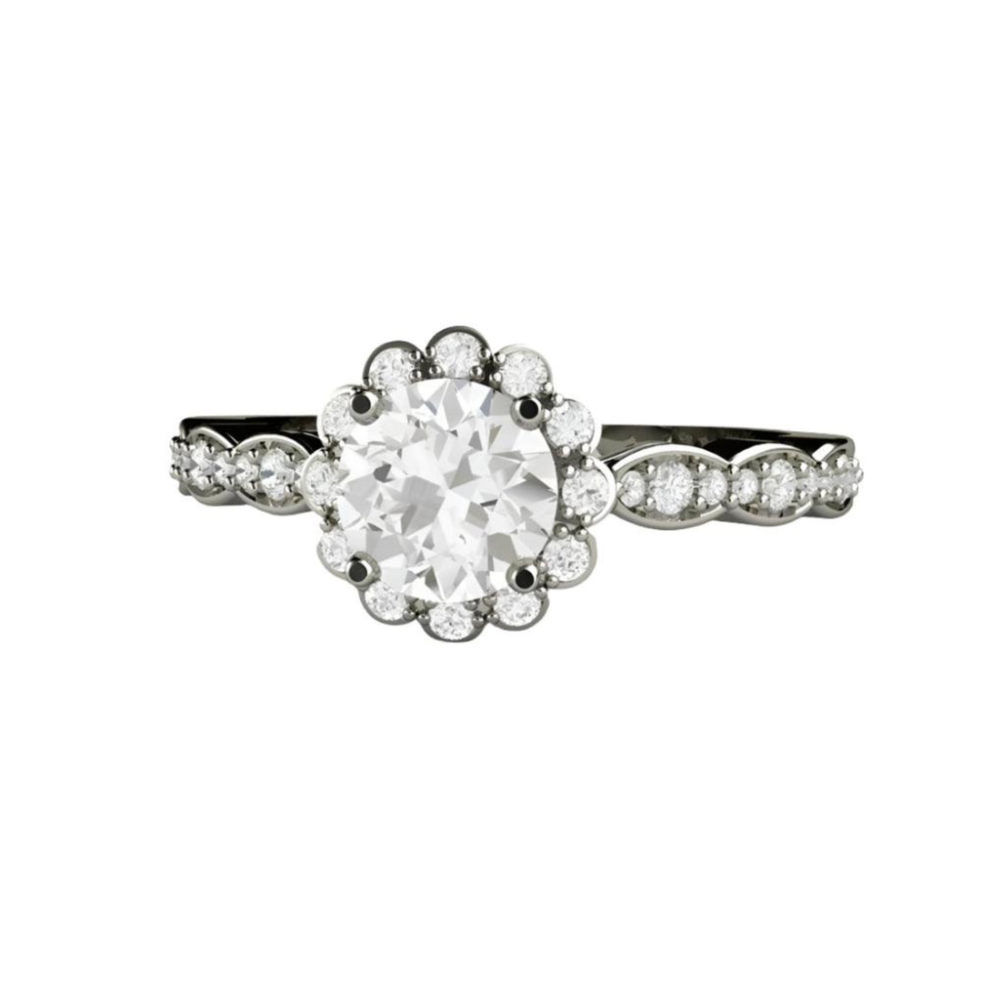Vintage Halo Moissanite Engagement Ring with Diamonds, Rare Earth Jewelry