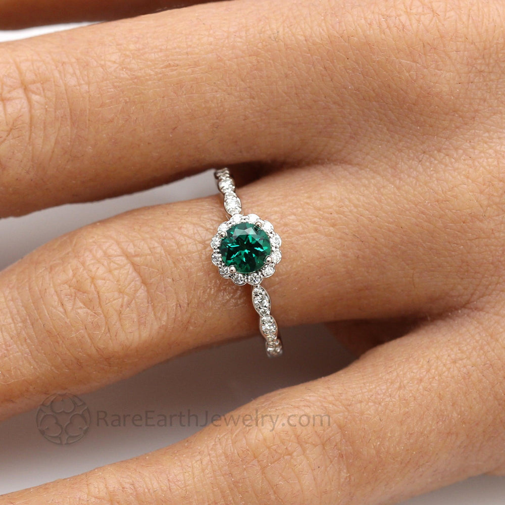 Vintage Inspired Emerald Engagement Ring Diamond Halo and Dainty Scalloped Band, Rare Earth Jewelry