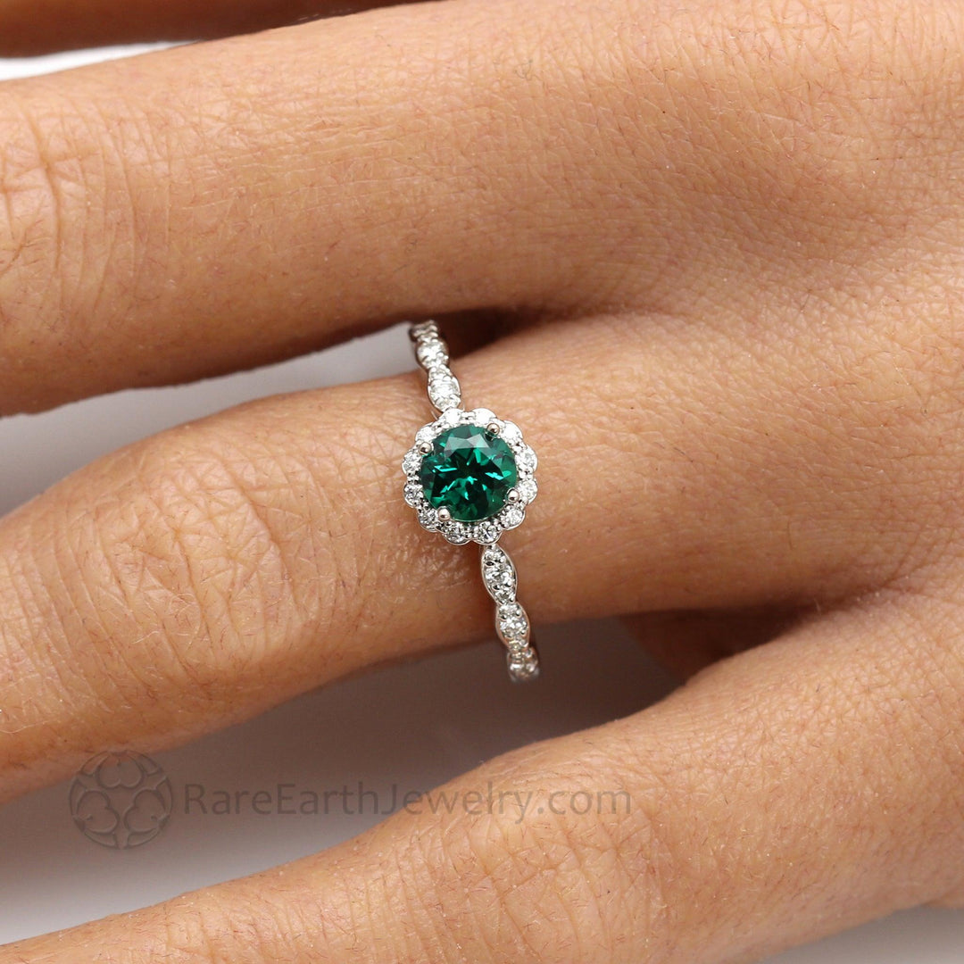 Vintage Inspired Emerald Engagement Ring Diamond Halo and Dainty Scalloped Band, Rare Earth Jewelry