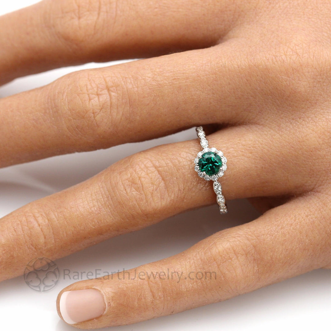 Vintage Inspired Emerald Engagement Ring Diamond Halo and Dainty Scalloped Band, Rare Earth Jewelry
