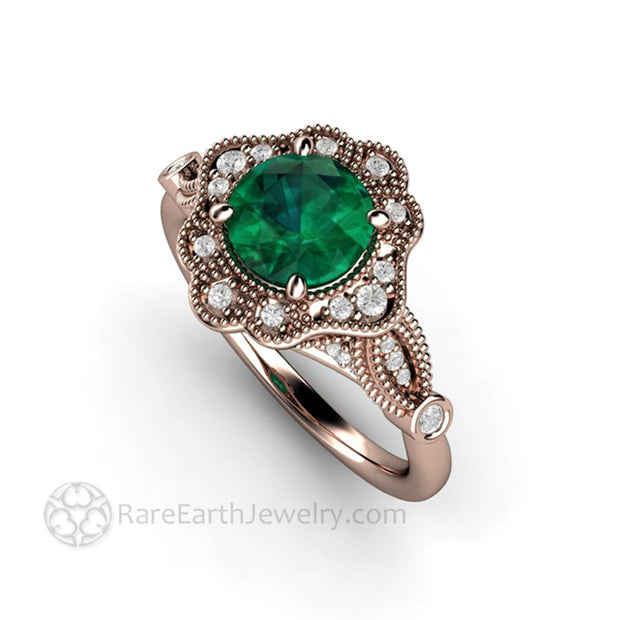 Vintage Inspired Green Emerald Engagement Ring Art Deco Ornate Halo 14K Rose Gold - Engagement Only - Rare Earth Jewelry