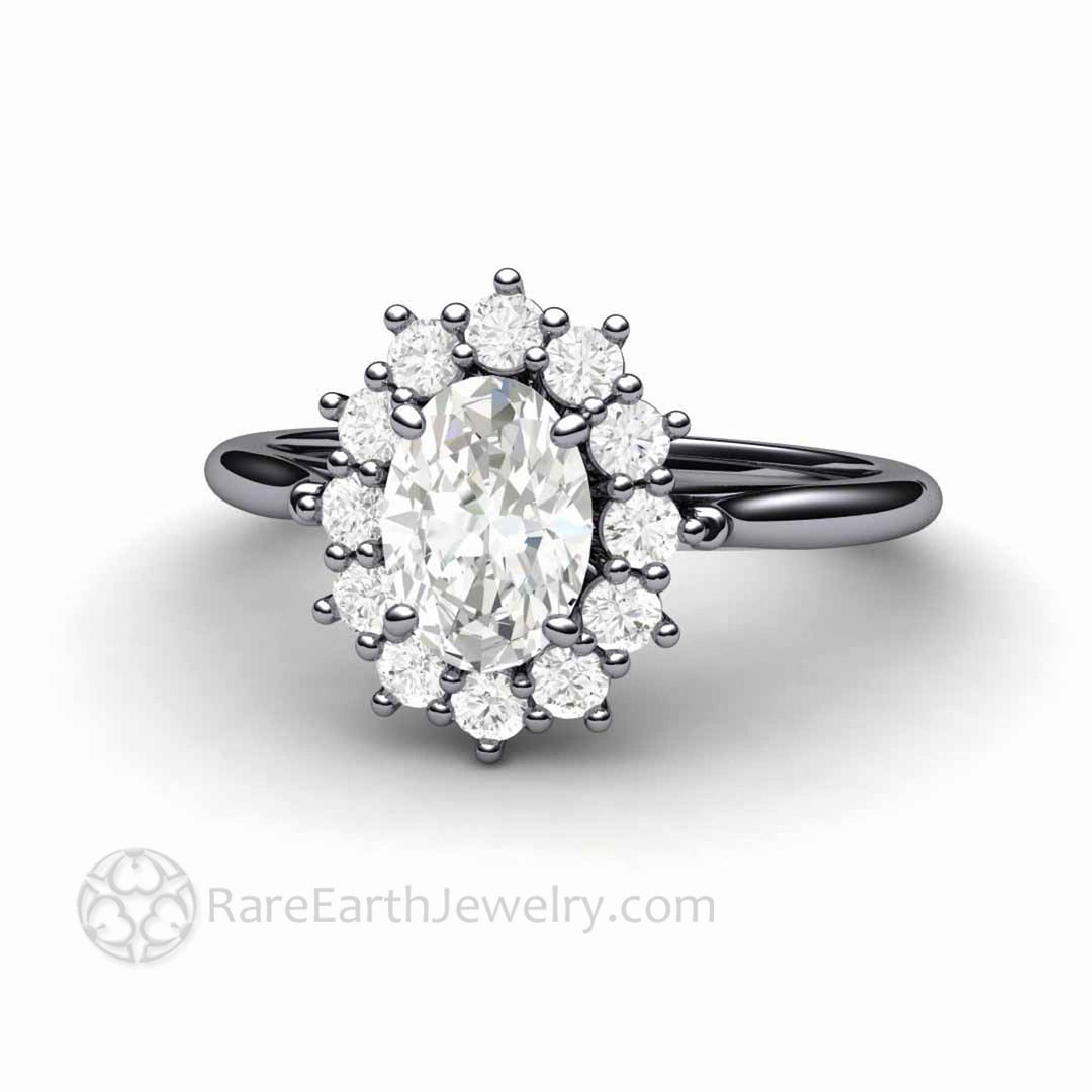 Vintage Inspired Oval Moissanite Engagement Ring Cluster Halo Design, Rare Earth Jewelry