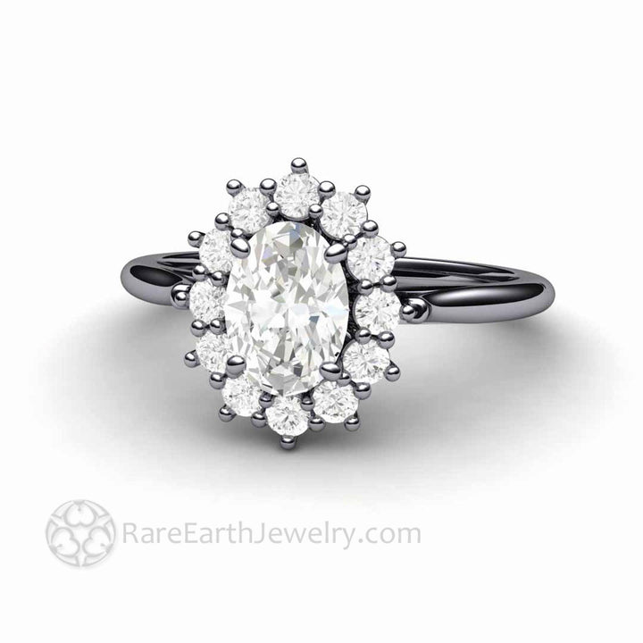 Vintage Inspired Oval Moissanite Engagement Ring Cluster Halo Design, Rare Earth Jewelry