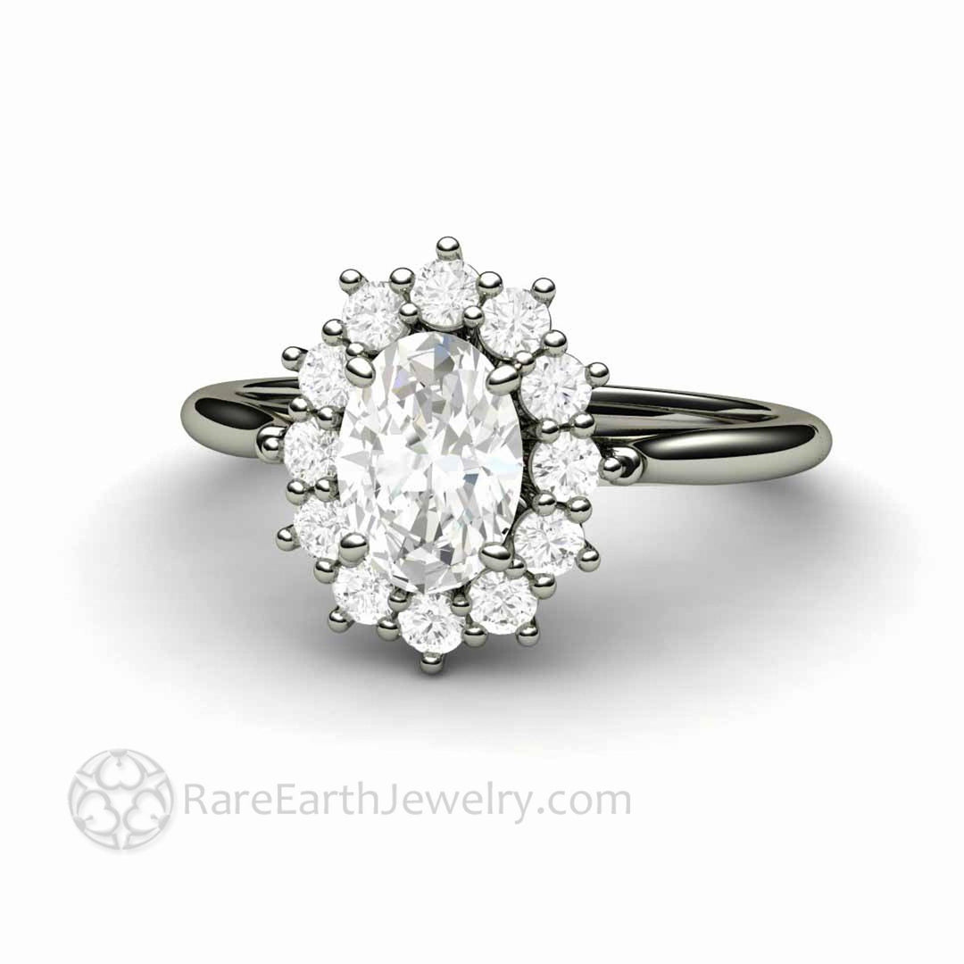 Vintage Inspired Oval Moissanite Engagement Ring Cluster Halo Design, Rare Earth Jewelry