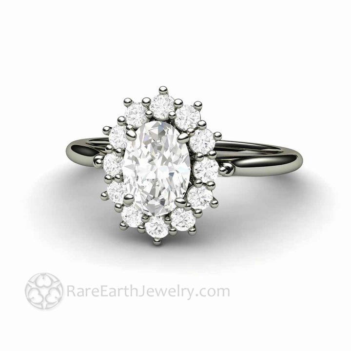 Vintage Inspired Oval Moissanite Engagement Ring Cluster Halo Design, Rare Earth Jewelry
