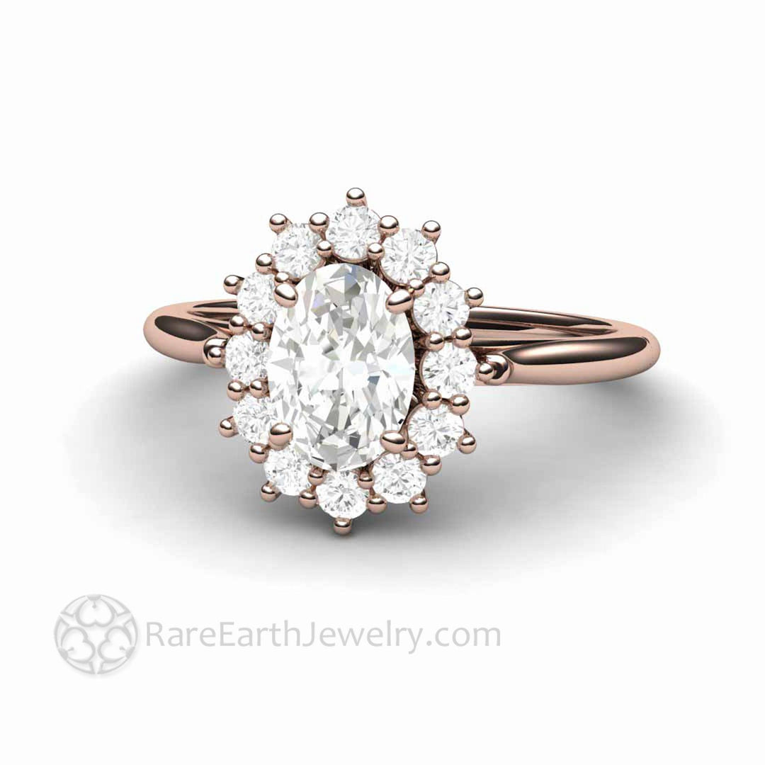 Vintage Inspired Oval Moissanite Engagement Ring Cluster Halo Design, Rare Earth Jewelry