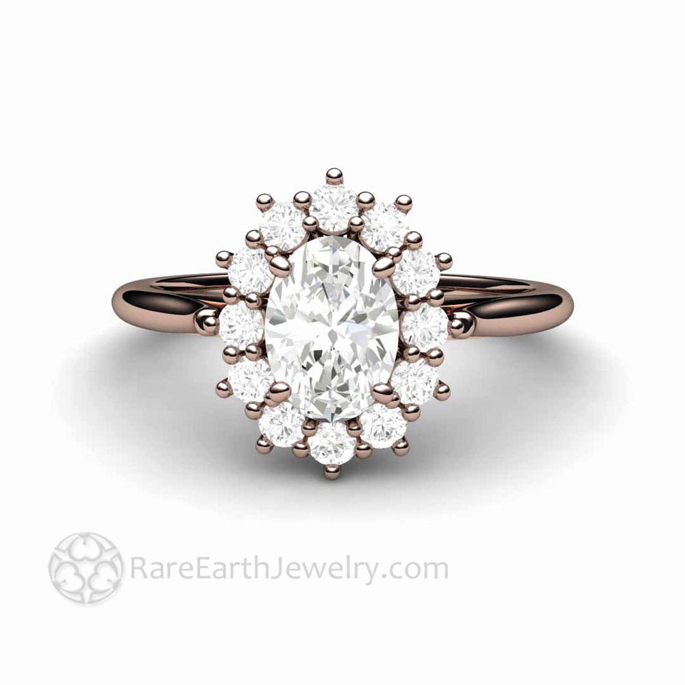 Vintage Inspired Oval Moissanite Engagement Ring Cluster Halo Design, Rare Earth Jewelry