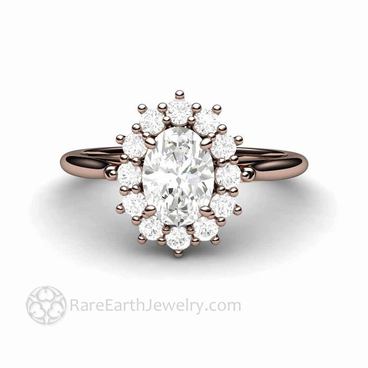 Vintage Inspired Oval Moissanite Engagement Ring Cluster Halo Design, Rare Earth Jewelry