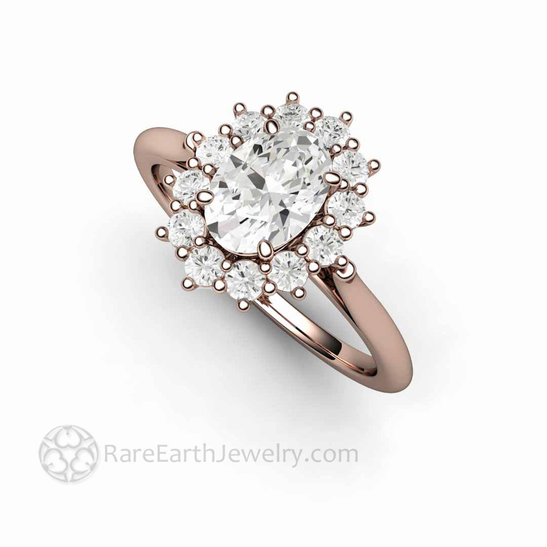 Vintage Inspired Oval Moissanite Engagement Ring Cluster Halo Design, Rare Earth Jewelry
