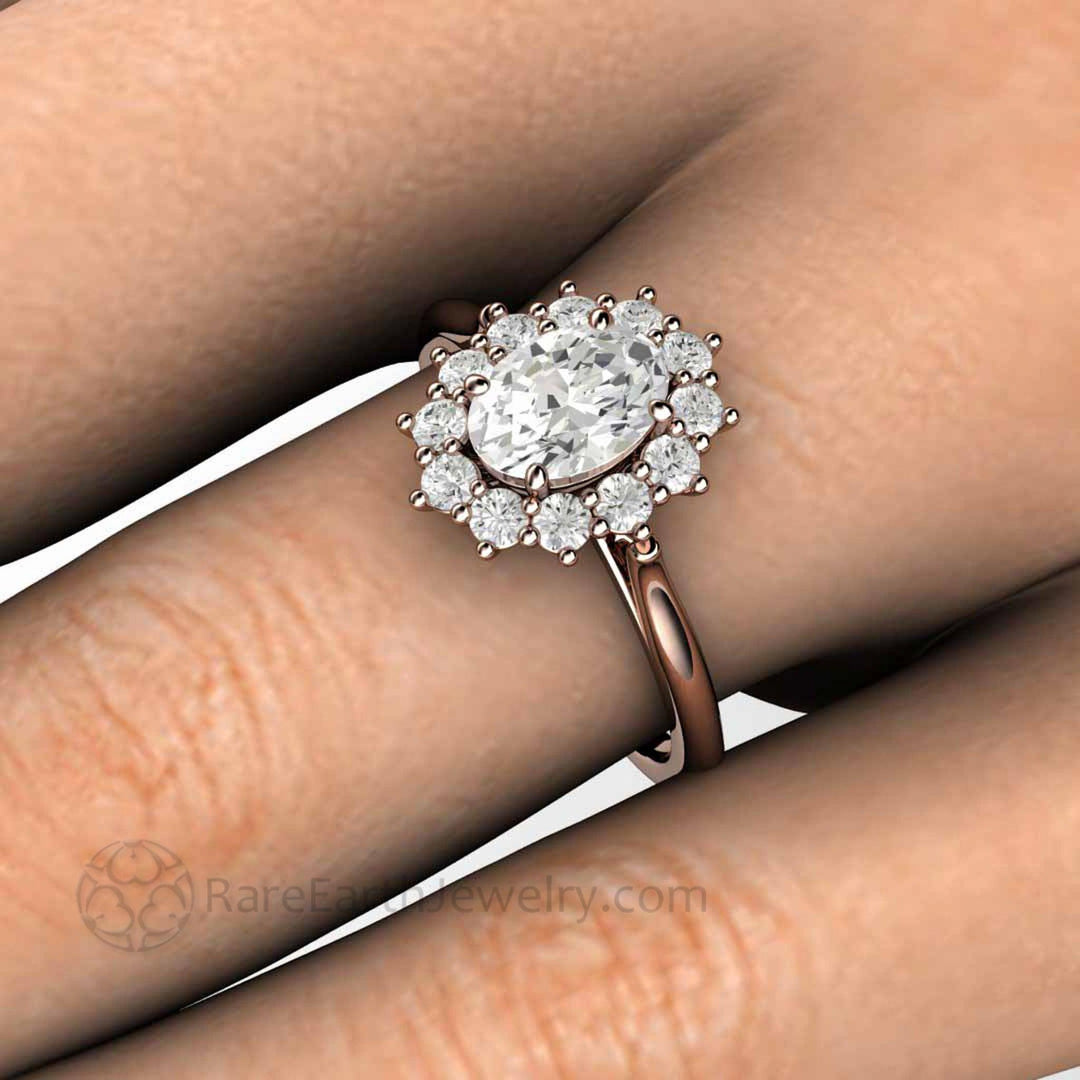 Vintage Inspired Oval Moissanite Engagement Ring Cluster Halo Design, Rare Earth Jewelry