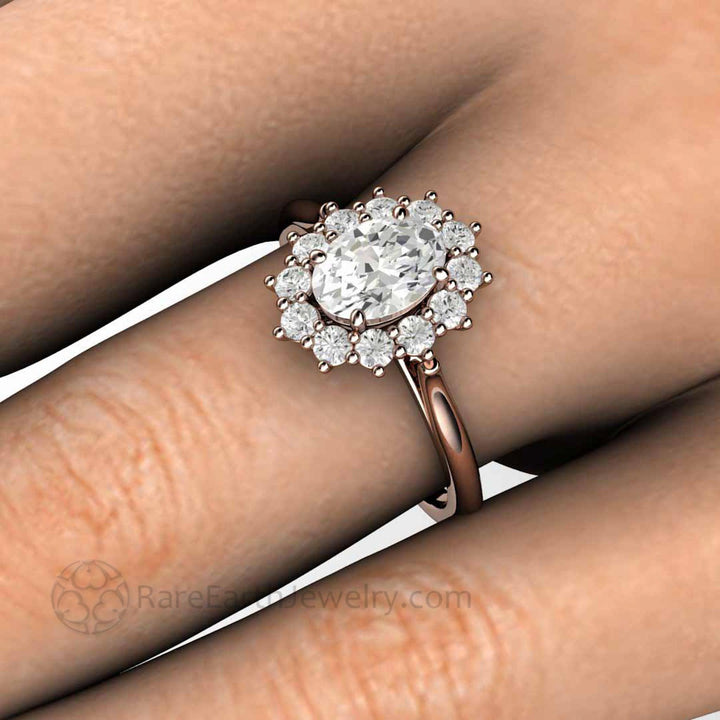Vintage Inspired Oval Moissanite Engagement Ring Cluster Halo Design, Rare Earth Jewelry