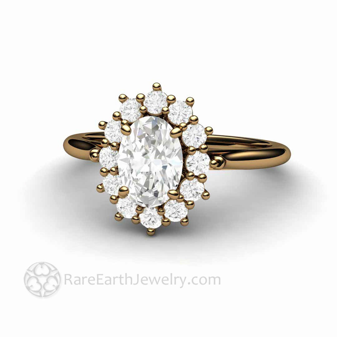 Vintage Inspired Oval Moissanite Engagement Ring Cluster Halo Design, Rare Earth Jewelry