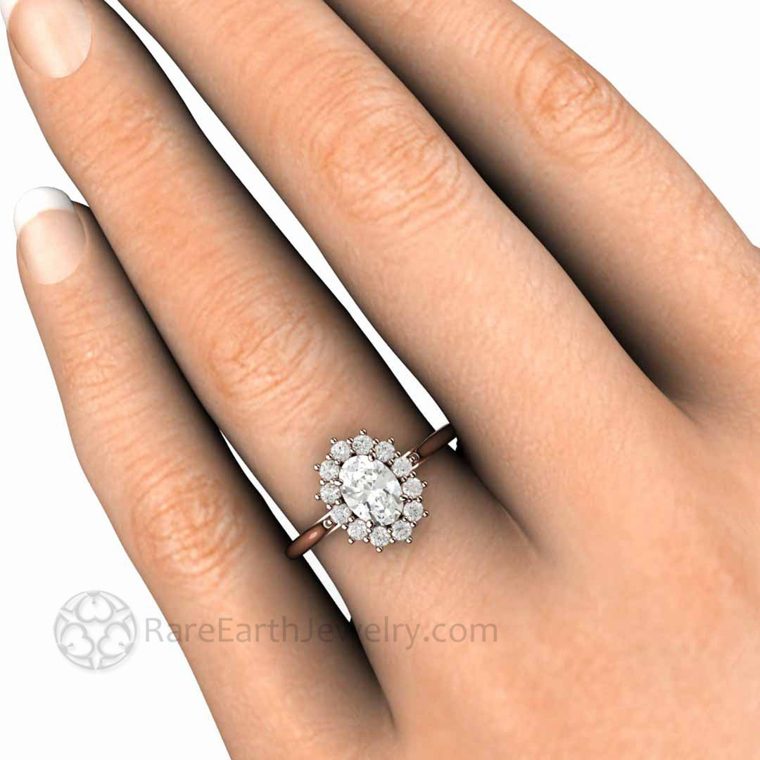Vintage Inspired Oval Moissanite Engagement Ring Cluster Halo Design, Rare Earth Jewelry