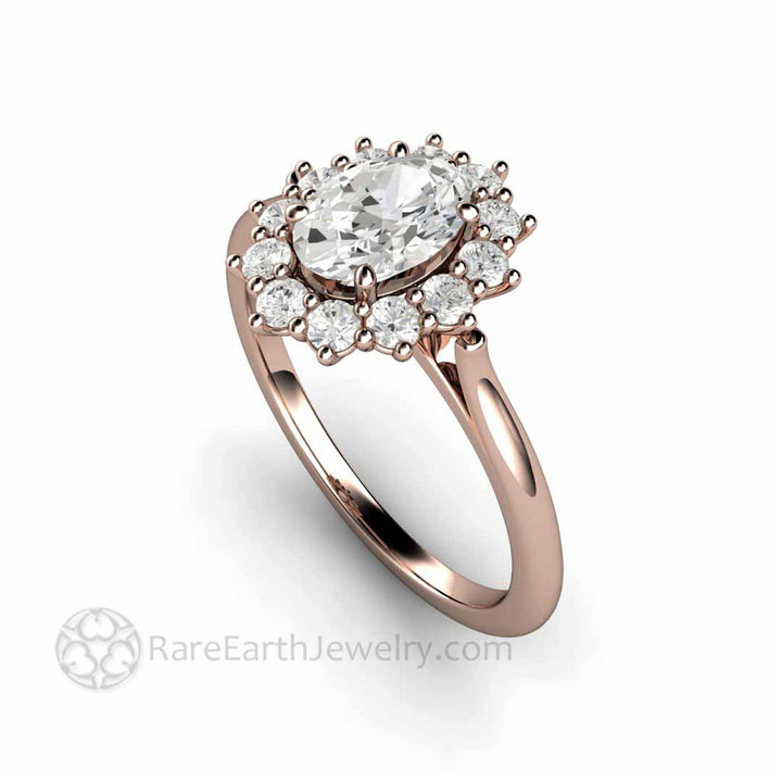 Vintage Inspired Oval Moissanite Engagement Ring Cluster Halo Design, Rare Earth Jewelry