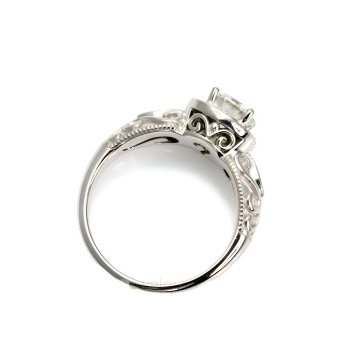 Vintage Style Engagement Ring with Lab Created Diamond Alternative, Vintage Inspired Moissanite Ring Diamond Halo with Filigree, 14K or 18K Gold and Platinum | Rare Earth Jewelry