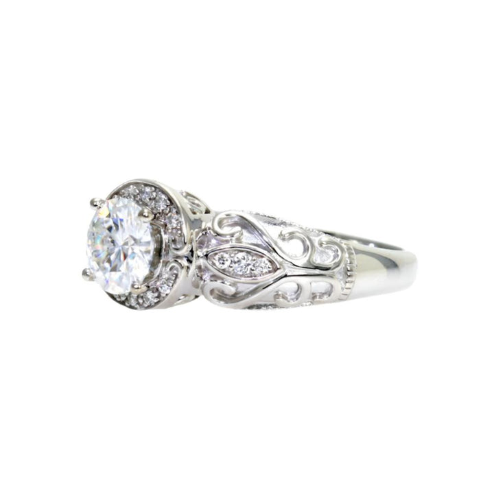 Vintage Style Engagement Ring with Lab Created Diamond Alternative, Antique Style Moissanite Ring Diamond Halo with Filigree, 14K or 18K Gold and Platinum | Rare Earth Jewelry