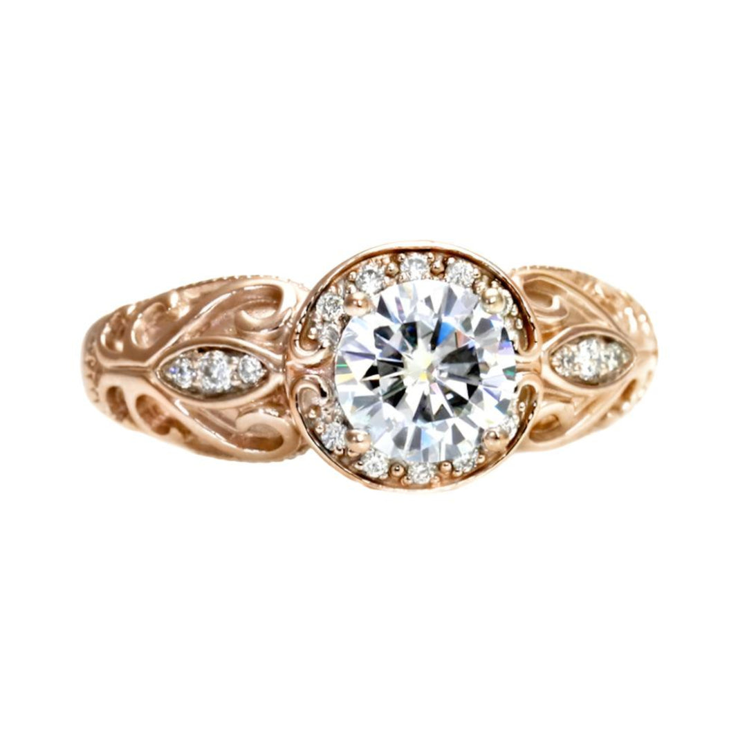 Vintage Moissanite Engagement Ring in Rose Gold, Vintage Style Diamond Halo with Filigree, 14K or 18K Gold and Platinum | Rare Earth Jewelry