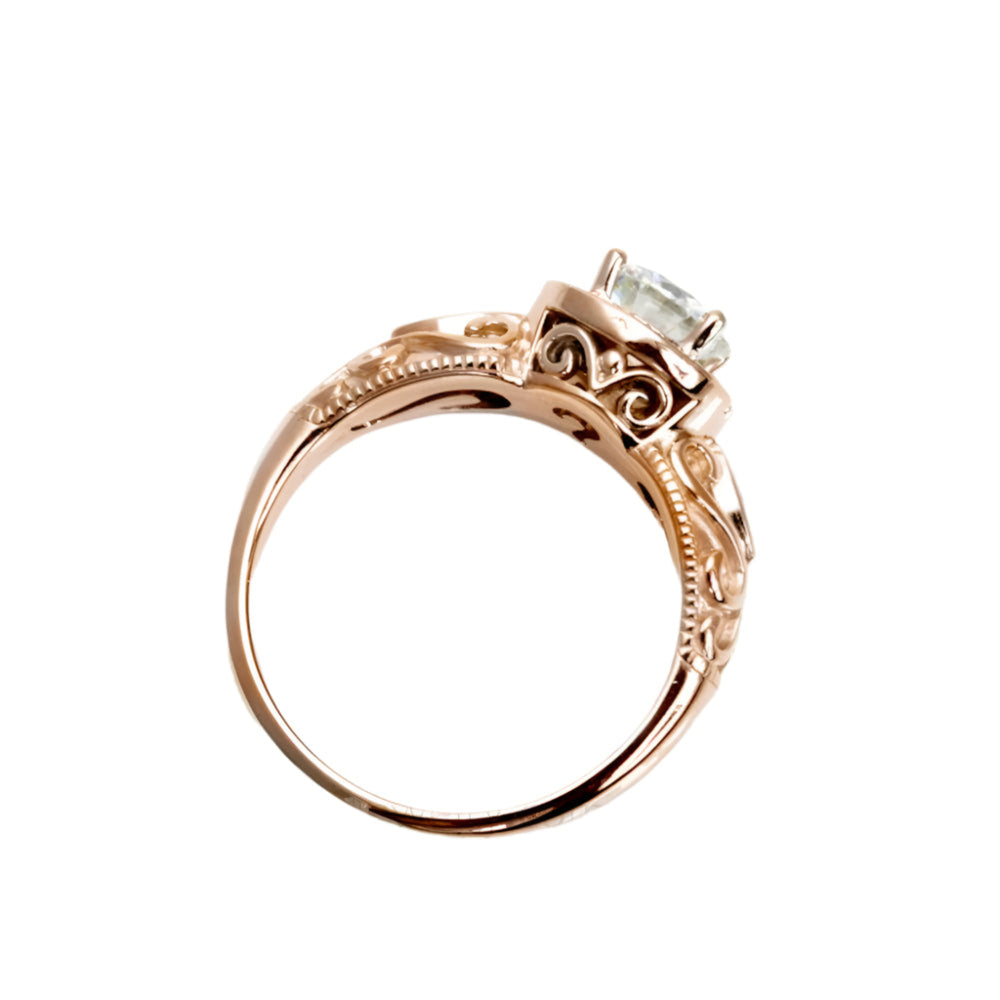 Profile View Vintage Inspired Engagement Ring in Rose Gold, Diamond Halo with Filigree, 14K or 18K Gold and Platinum | Rare Earth Jewelry