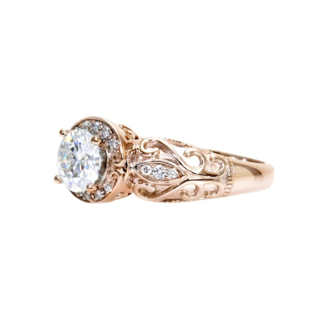 Vintage Moissanite Engagement Ring in Rose Gold, Vintage Style Diamond Halo with Filigree, 14K or 18K Gold and Platinum | Rare Earth Jewelry
