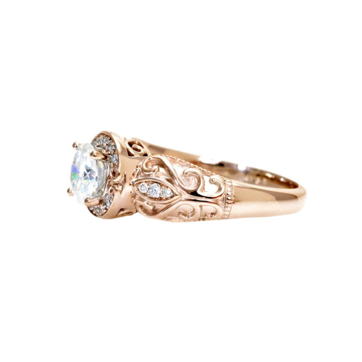 Side View Vintage Moissanite Engagement Ring in Rose Gold, Vintage Inspired Diamond Halo with Filigree, 14K or 18K Gold and Platinum | Rare Earth Jewelry
