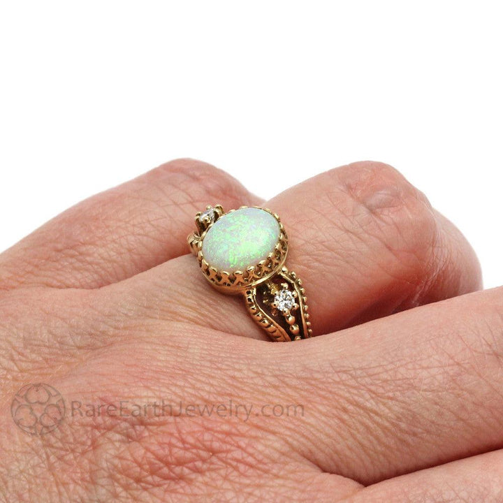 Vintage Inspired Opal Ring with Diamonds October Birthstone, Rare Earth Jewelry