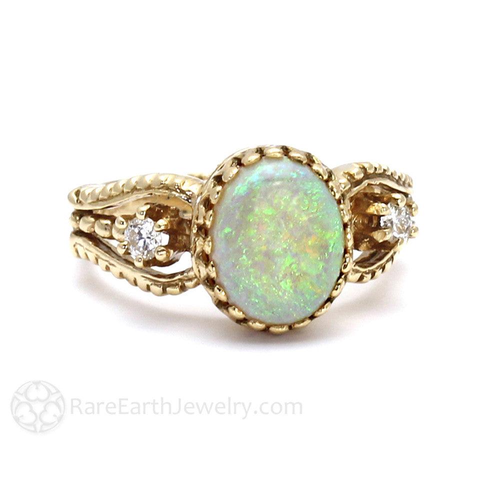 Vintage Inspired Opal Ring with Diamonds October Birthstone, Rare Earth Jewelry