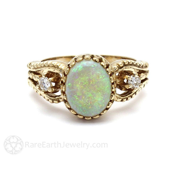 Vintage Opal Ring with Diamonds October Birthstone 18K Yellow Gold - Rare Earth Jewelry