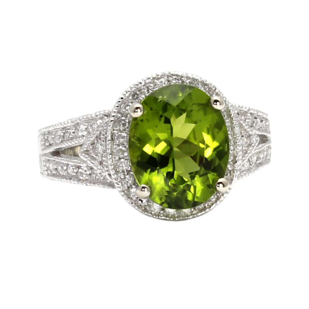 Art Deco Peridot Ring, 14K or 18K Gold Vintage Inspired Cocktail Ring, Oval Peridot Ring with Diamonds | Rare Earth Jewelry