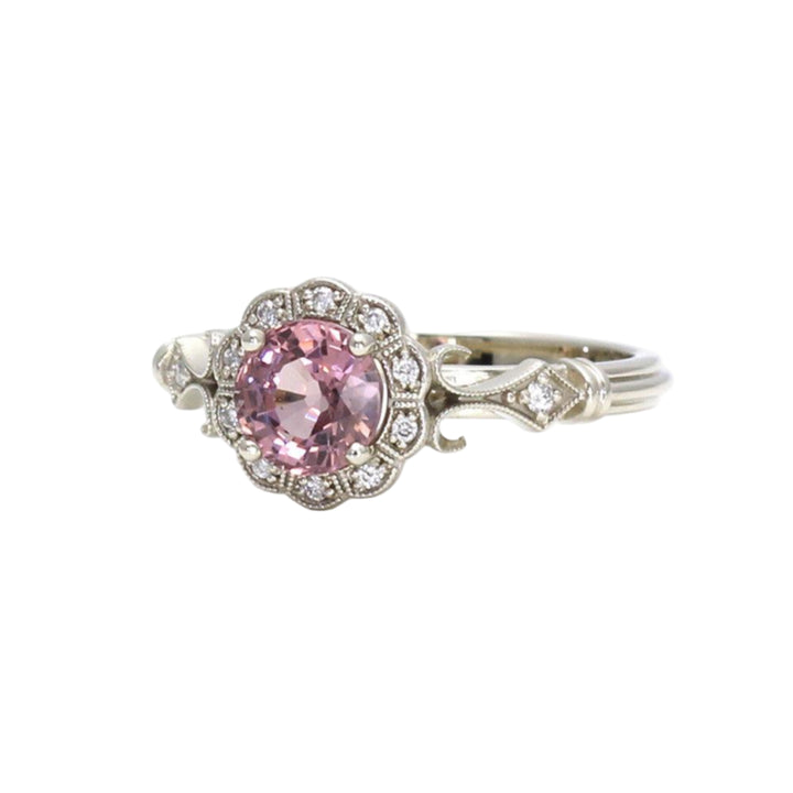 Art Deco Engagement Ring, Vintage Inspired Pink Gemstone Ring,  Pink Spinel Ring with Diamond Halo | Rare Earth Jewelry
