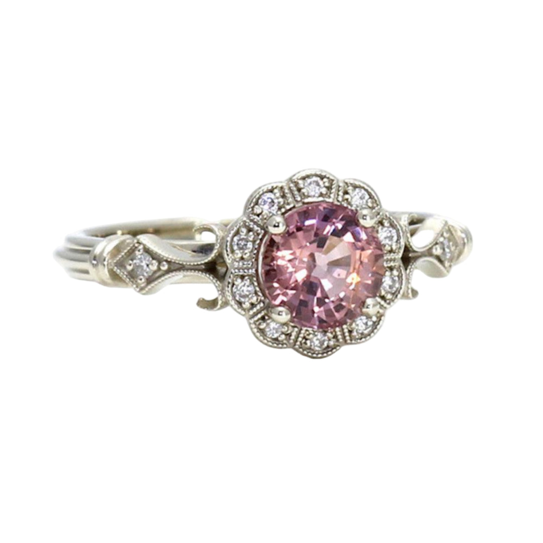 Vintage Style Pink Spinel Engagement Ring with Diamond Halo, Natural Pink Gemstone Ring with Art Deco Design, Unique Engagement Ring from Rare Earth Jewelry