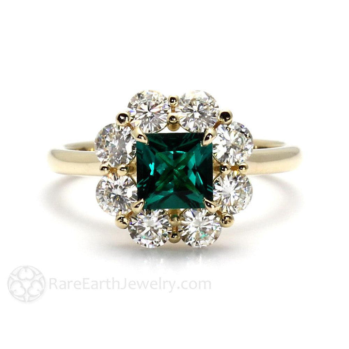 Vintage Style Emerald Ring Princess Cut Halo with Claw Prongs, Rare Earth Jewelry