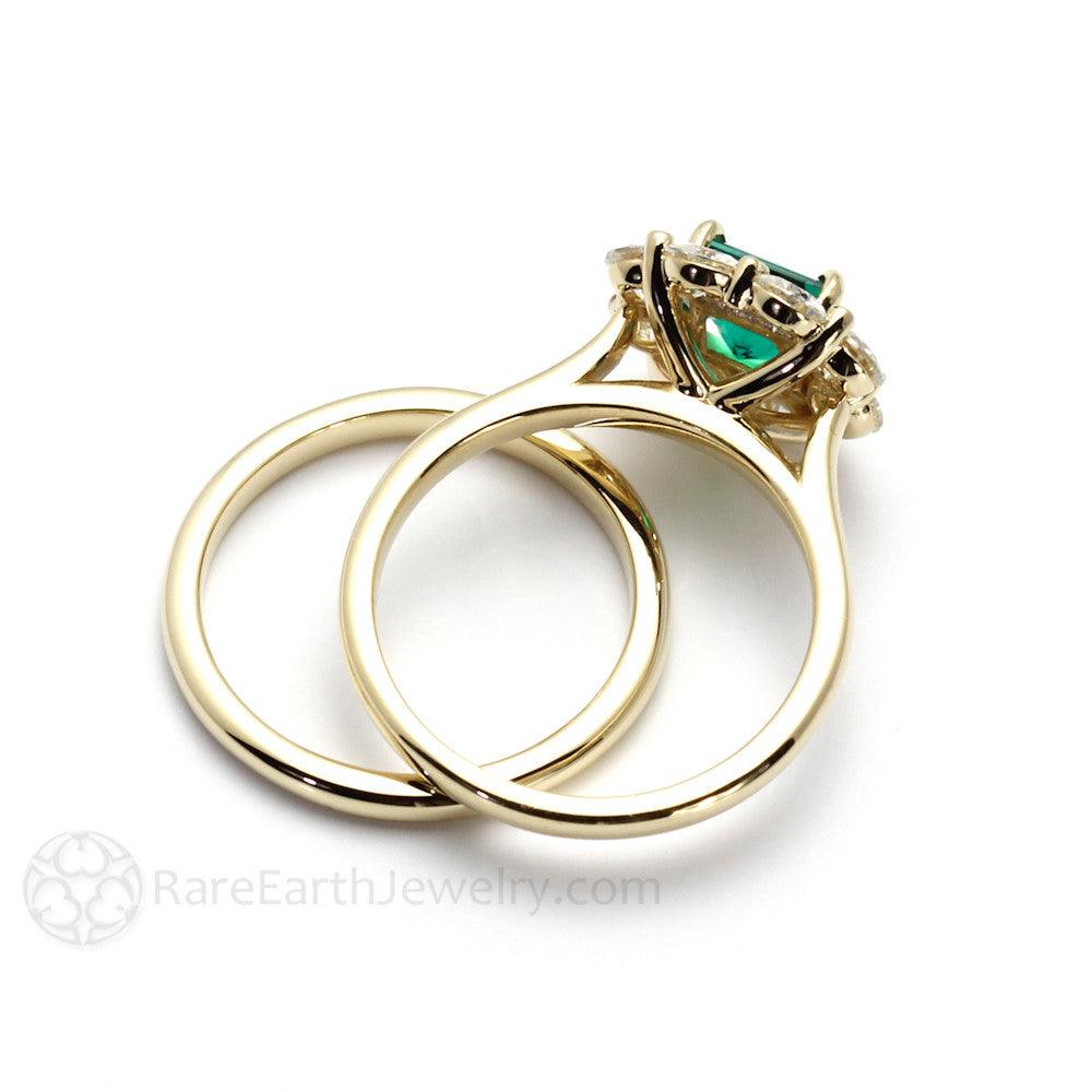 Vintage Style Emerald Ring Princess Cut Halo with Claw Prongs, Rare Earth Jewelry