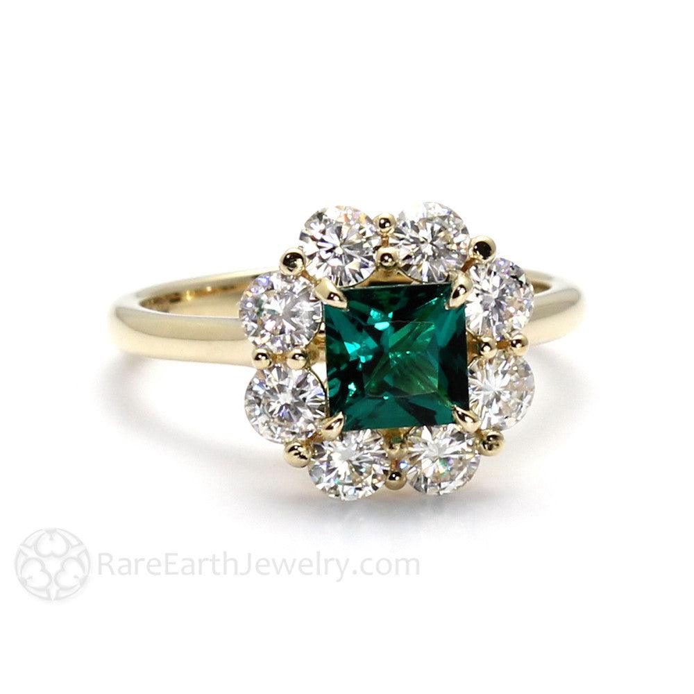 Vintage Style Emerald Ring Princess Cut Halo with Claw Prongs, Rare Earth Jewelry