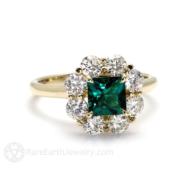 Vintage Style Emerald Ring Princess Cut Halo with Claw Prongs, Rare Earth Jewelry