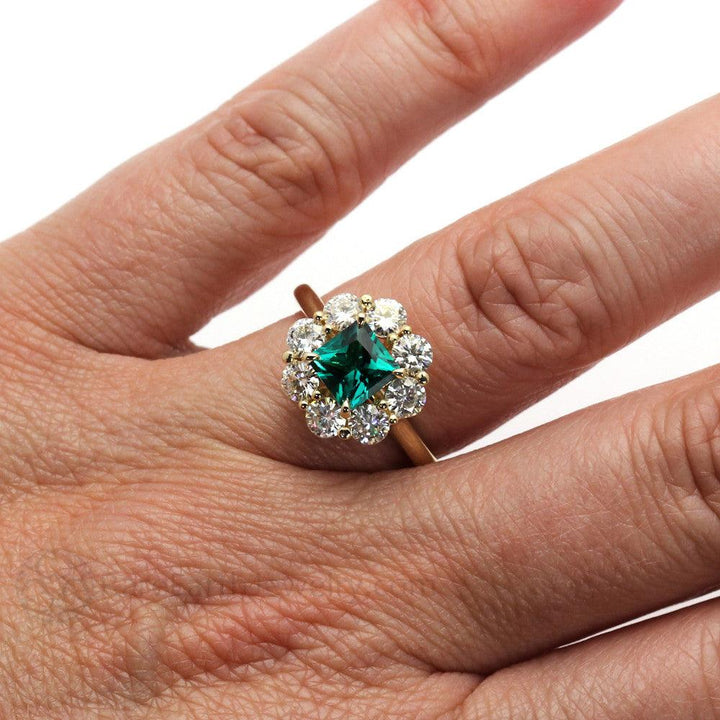Vintage Style Emerald Ring Princess Cut Halo with Claw Prongs, Rare Earth Jewelry