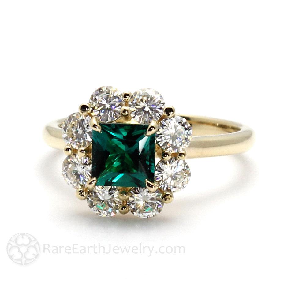 Vintage Style Emerald Ring Princess Cut Halo with Claw Prongs, Rare Earth Jewelry