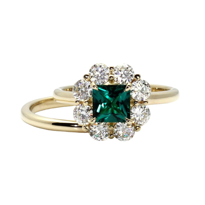 Vintage Style Emerald Ring Princess Cut Halo with Claw Prongs, Rare Earth Jewelry