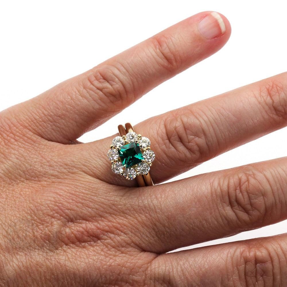 Vintage Style Emerald Ring Princess Cut Halo with Claw Prongs, Rare Earth Jewelry